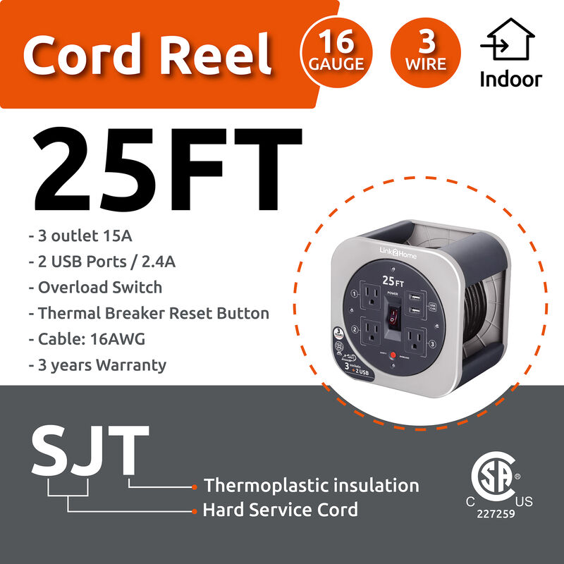 Link2Home Cord Reel 25 ft Extension Cord 3 Power Outlets, 2 USB Ports, 24A Fast Charge - 16 AWG SJT Cable