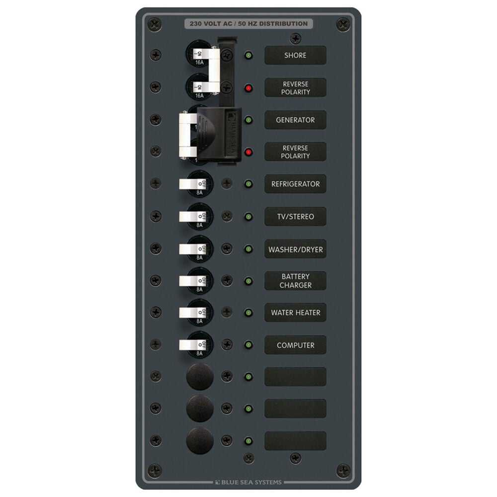 Blue Sea 230V AC Circuit Breaker Panel 2 (16A) Sources + 9 Positions