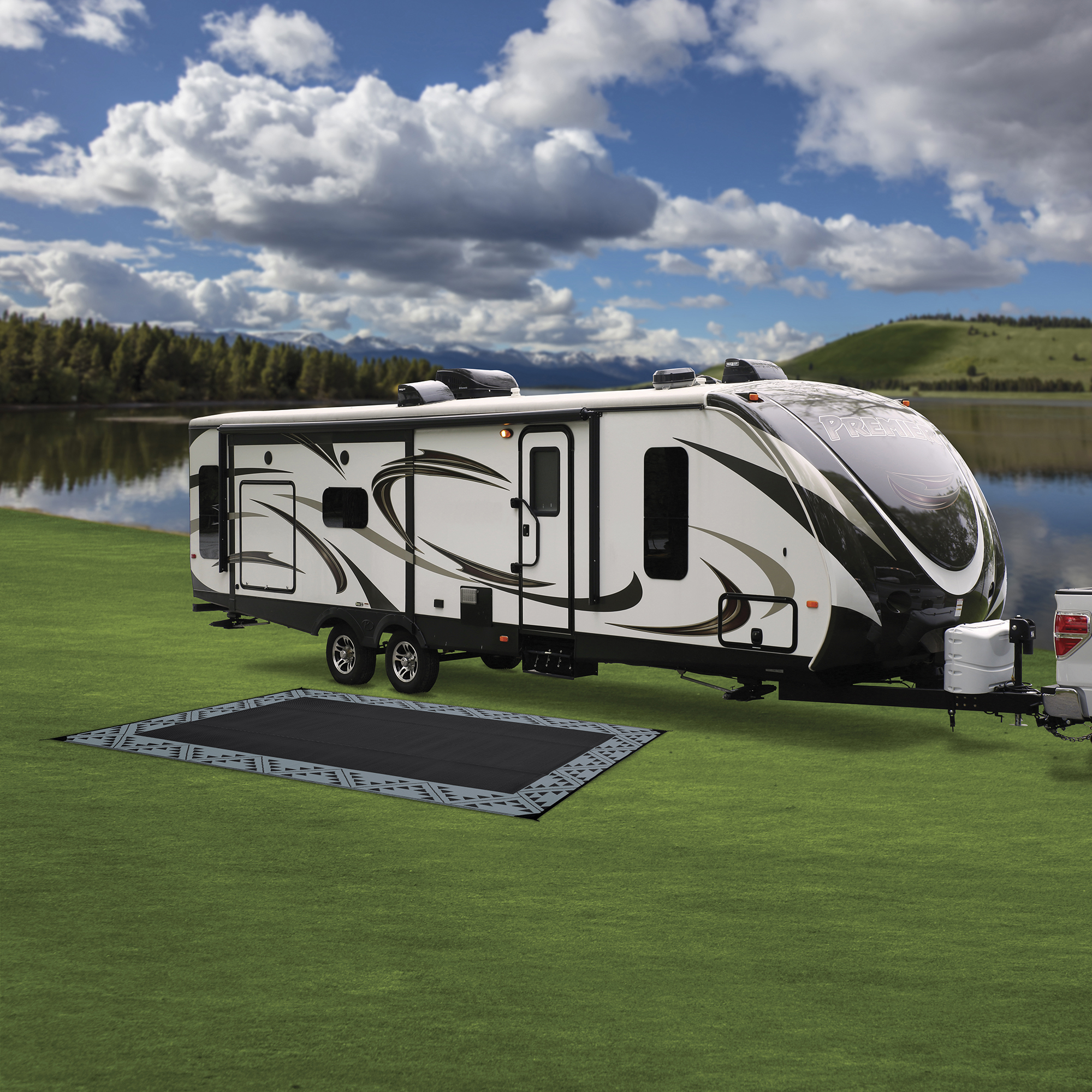 Reversible RV Patio Mat with Aztec Border Design, 8' x 11', Black/Gray