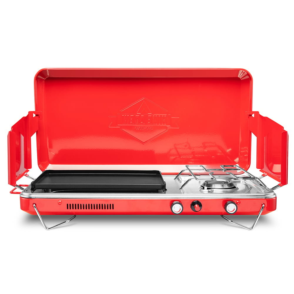 2-in-1 Portable Gas Camping Stove Burner and Griddle with Integrated Igniter and Drip Tray in Red