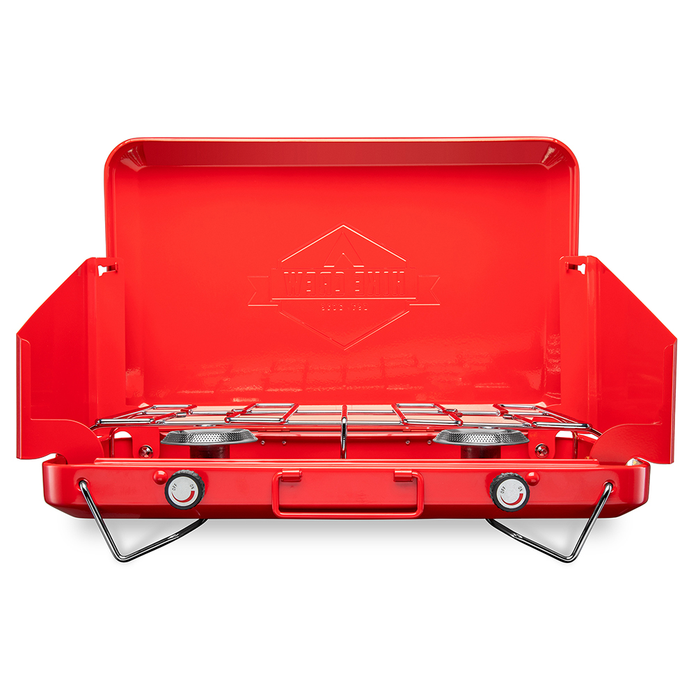 Portable Dual Propane Burner Camping Stove with Built-In Carrying Handle, Foldable Legs, and Wind Panels in Red